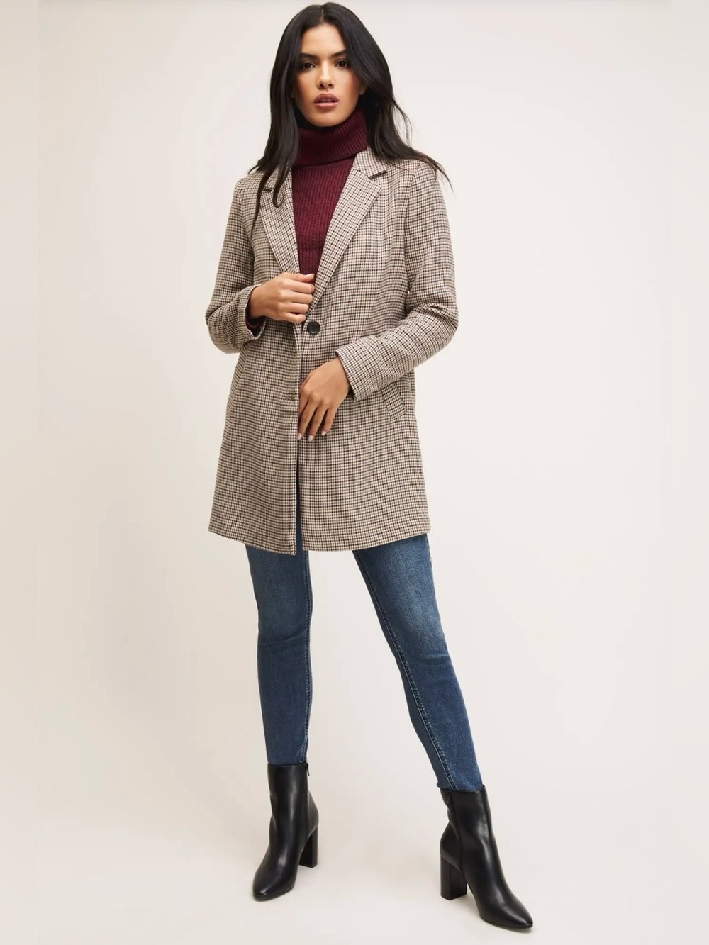 Dynamite Tan Houndstooth Pea Coat